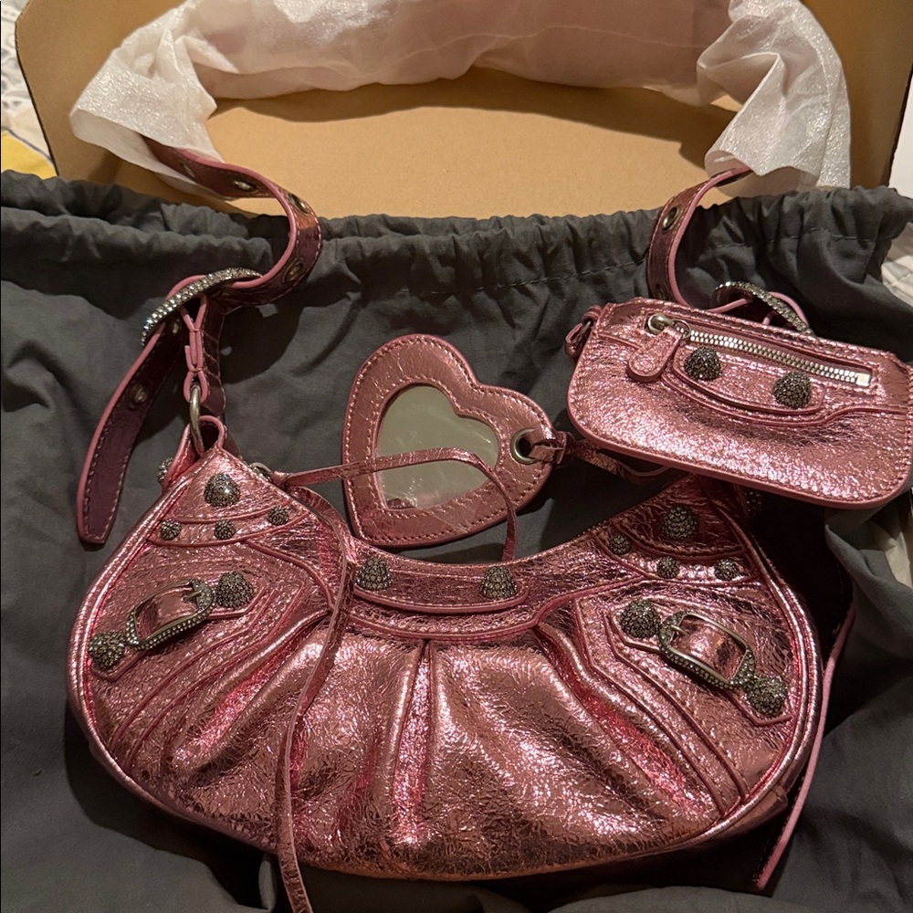 Balenciaga Pink Le Cagole Xs Shoulder Bag Metallized With Rhinestones